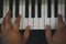 pianist man& x27;s hand playing piano. performer & classic music inst