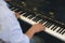 pianist man& x27;s hand playing piano. performer & classic music inst