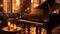 Pianist playing old piano, candle flame illuminates musical harmony generated by AI