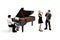 The pianist sits and plays the piano, with a boy and a girl standing next to him with microphones singing