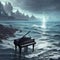 The piano is filled with sea waves on a rocky beach, against the backdrop of an epic city