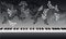 Piano keyboard banner panoramic front view with butterflies