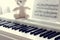 Piano keyboard , notes and toy closeup