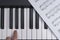 Piano keys, notes and fingers of a musician