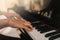 Piano music pianist hands playing. Musical instrument grand piano details with performer hand on white background