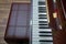 Piano presses . Piano keys close up. Musical instrument . Select focus and soft focus.Close-up of a wooden piano . Defocused