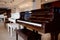 Piano shop background with many keyboards musical instrument display