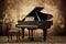 Piano sits on a dirty, sepia music background