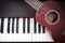 Piano with Ukulele. Art and Music background. Top view with dark vignette.
