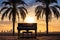 a piano under a palm tree, with the silhouette of a city skyline in the background