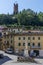 Piazza Buonaparte square in the historic center of San Miniato, Pisa, Italy, dominated by the tower of the Rocca di Federico II