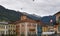 Piazza Grande with a Swiss national flag, the main square in Locarno, canton Ticino.