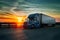 Pic Semi trailer trucks parking at sunset, industry road freight