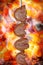Picanha, bovine rump meat, traditional brazilian barbecue whole piece on skewer isolated on blurred ember background.