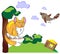 Pick up cat and sparrow on a tree. Funny illustration of a simple and primitive style. Cat and Birdon the background of sky and c