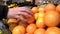 Pick up the fruit at the store. Man chooses fresh CITRUS to buy.