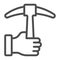 Pickaxe in hand line icon, labour day concept, Tool for work with stone sign on white background, worker arm with pickax