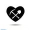 Pickaxe, shovel and icon heart black isolated on white background. Silhouette simple vector, Love symbol. Valentines day sign, emb