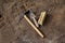 Pickaxe, trowel and brush. Tools in an archaeological excavation, digging concept