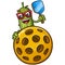 Pickle cartoon with attitude peeking out from behind a giant pickleball holding a paddle