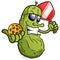 Pickle cartoon character with attitude holding pickleball gear