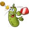Pickle cartoon character happily whacking a pickleball with a paddle vector clip art