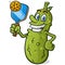 Pickle cartoon character holding a blue pickleball paddle with a yellow plastic ball