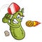 Pickle Cartoon Character winding up to smack a flaming pickleball