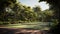 A pickleball court surrounded by lush greenery