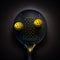 Pickleball paddle racket black on a black background, two perforated balls, ai