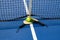 Pickleball paddles and ball by the net on a blue court