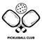 Pickleball paddles and balls logo, hand drawn black outline vector illustration.