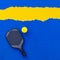 Pickleball tennis racket on the court. Blue background with copy space. Sport court and ball. Social media template