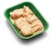 Pickled chicken thighs in a green tray over white background