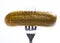 Pickled cucumber on silver fork on white background