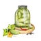 Pickled cucumbers in a glass jar, fresh cucumber, garlic, pepper, and parsley, watercolor