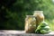 Pickled cucumbers, jars of pickled and fresh cucumbers on a natural background, t
