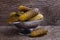 Pickled cucumbers in a metal bowl