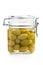 Pickled green olives in jar