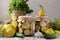 Pickled patissons, cucumbers with carrots and garlic in glass jars and fresh ingredients on a light gray background