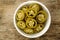 Pickled sliced green jalapeno peppers