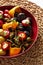 Pickled vegetables in a plate, olives, black olives, stuffed peppers, radishes. Assorted vegetables, vegetables with