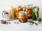 Pickled vegetables. Salting various vegetables in glass jars for long-term storage. Preserves vegetables in glass jars. Variety