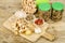 Pickled wild mushrooms in glass jar. Homemade preparations. Studio Photo