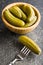 Pickles in bowl. Preserved cucumbers.