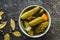 Pickles in bowl. Preserved cucumbers.