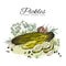 Pickles canned salted cucumbers banner or card, vector illustration isolated.