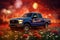 A pickup truck with a flag of the United States stands in a field of flowers and fireworks, patriotic 1993 ford f150, in a field