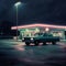 A pickup truck in gas station and convenience store at street corner near Sam Houston Highway.