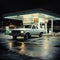 A pickup truck in gas station and convenience store at street corner near Sam Houston Highway.